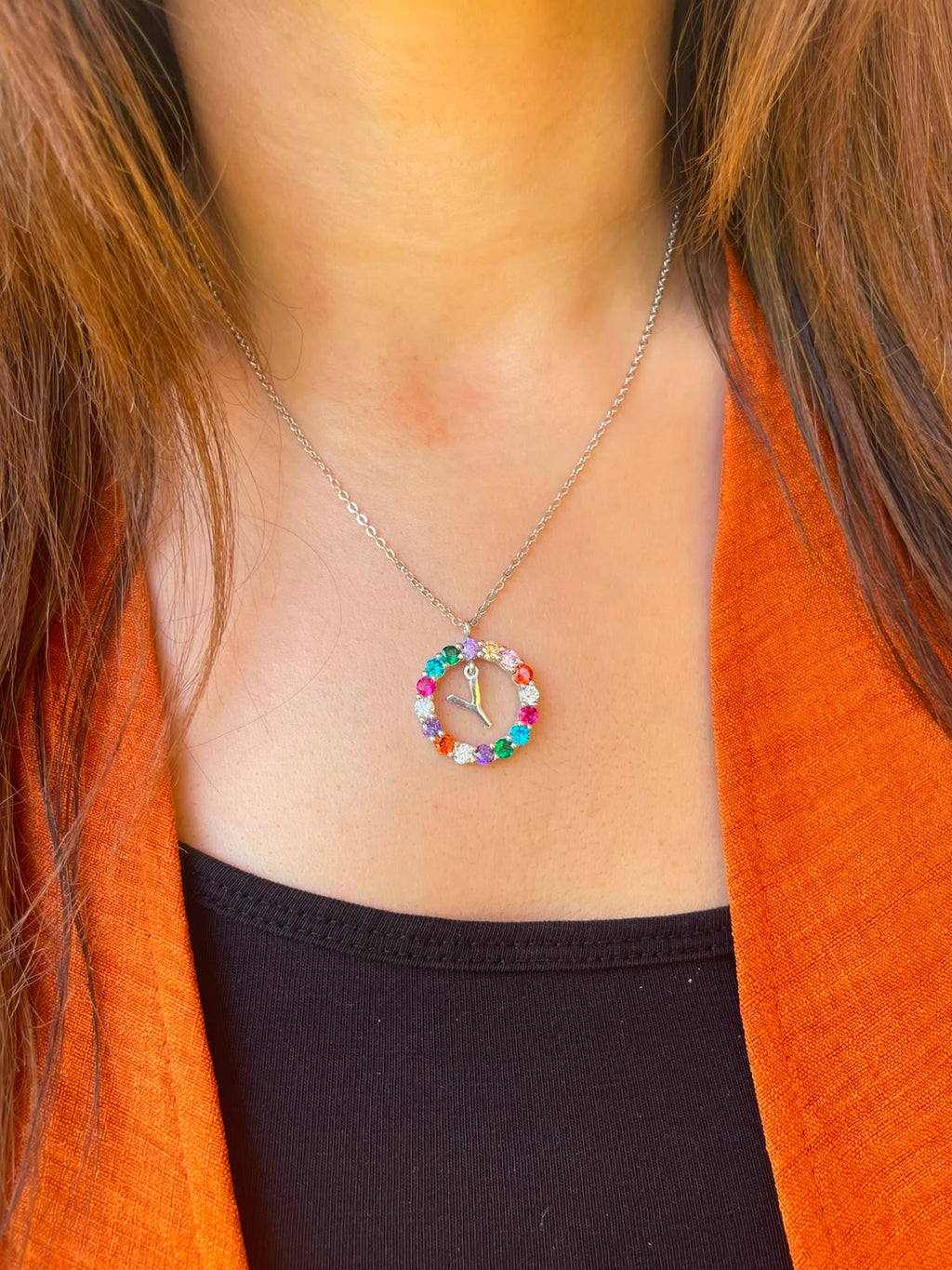Letter Y with colorful zircon stones silver necklace