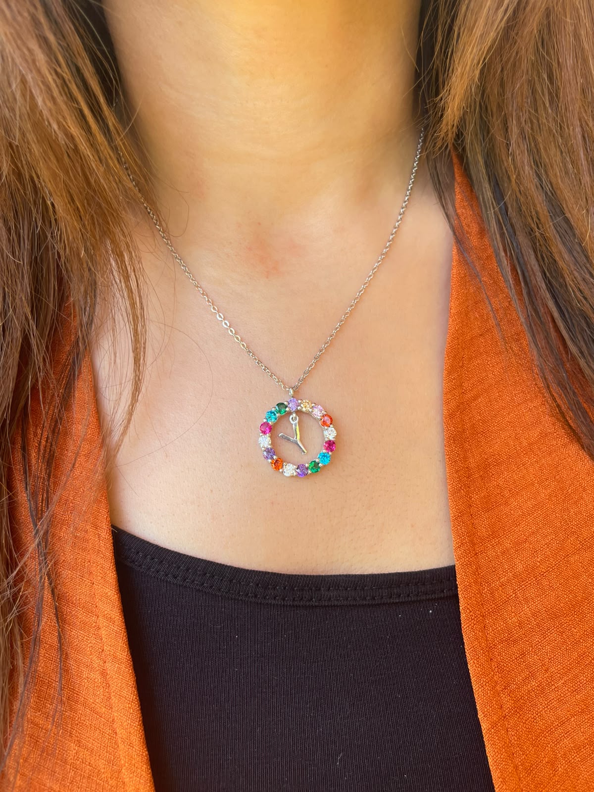 Letter Y with colorful zircon stones silver necklace