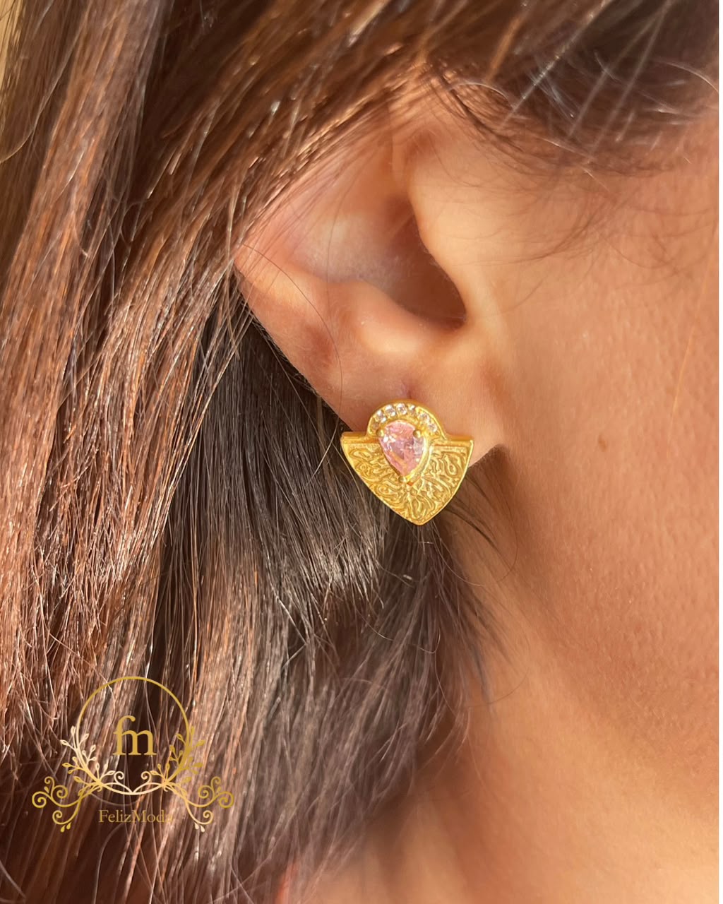 انت بدايه روحى وانت الختام Silver earrings gold plated with pink stone