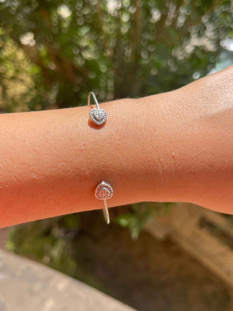 Two hearts silver bangle free size adjustable