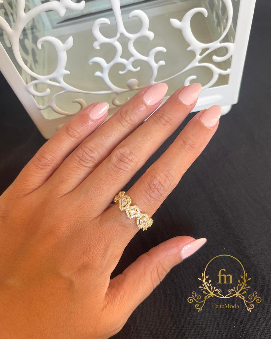 Round silver ring with oval and squares zircon stones gold plated