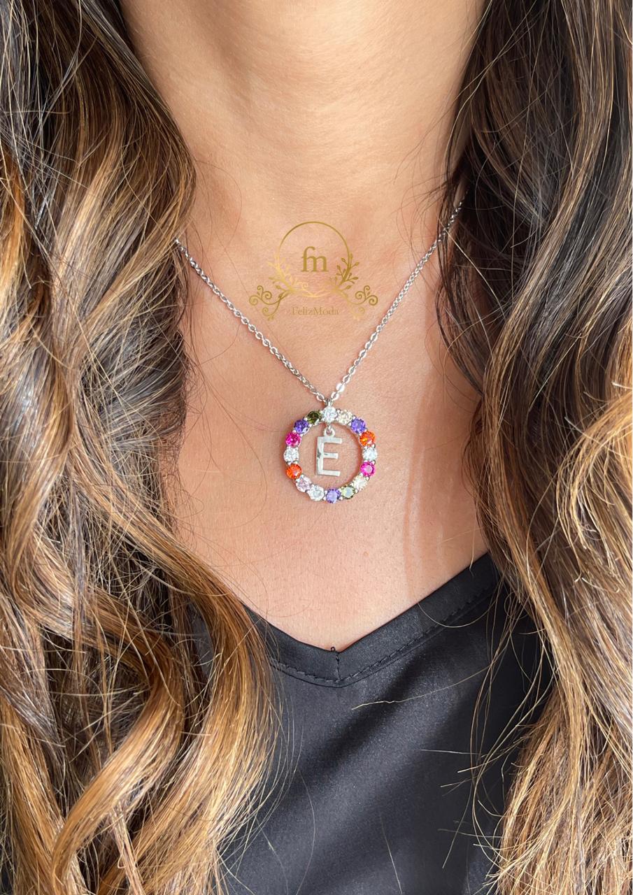 Letter E silver necklace with zircon stones