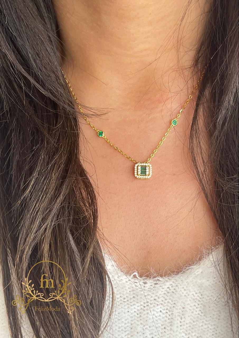 Square green zircon stones silver necklace with two side stones gold plated