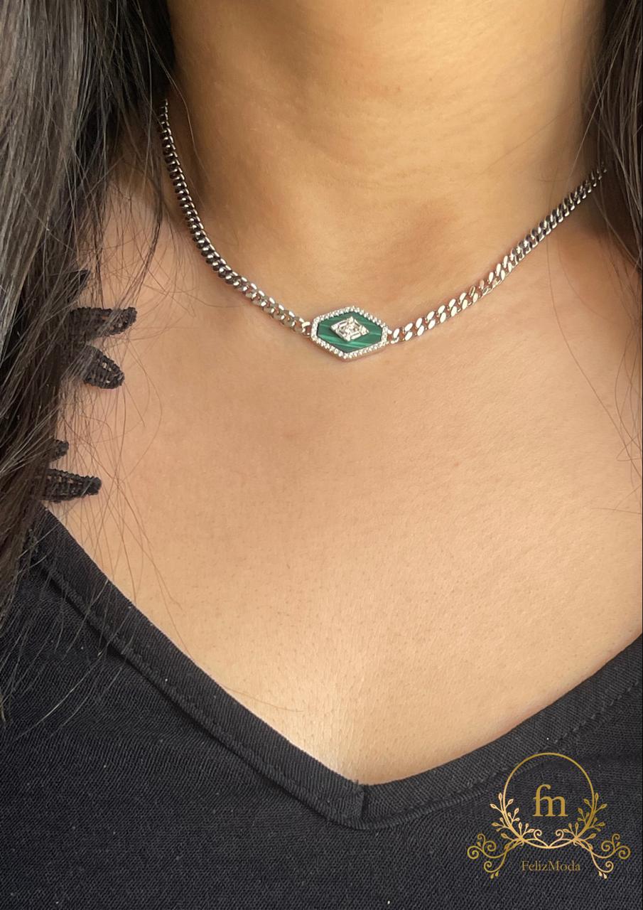 Green oval stone braided silver necklace