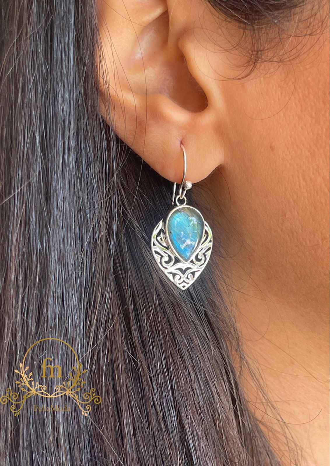 Unique designed silver earrings with gray & turquoise colored shades stone