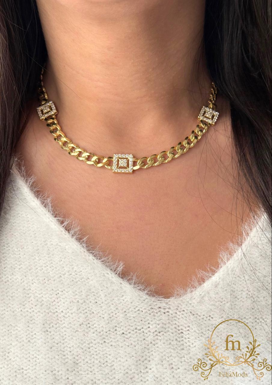 Three squares braided silve tennis necklace gold plated