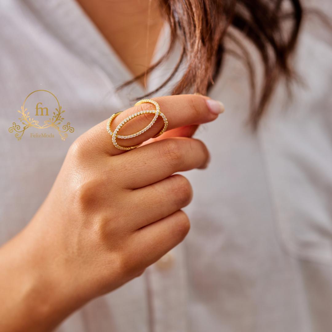 Connected circles silver ring gold plated with zircon stones free size