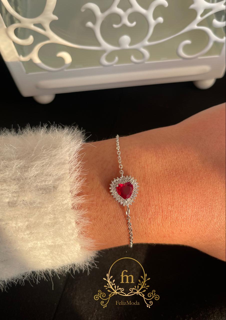 Red heart silver bracelet with zircon stones