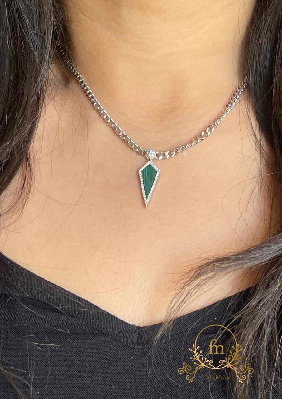 Oval green pendant braided silver necklace