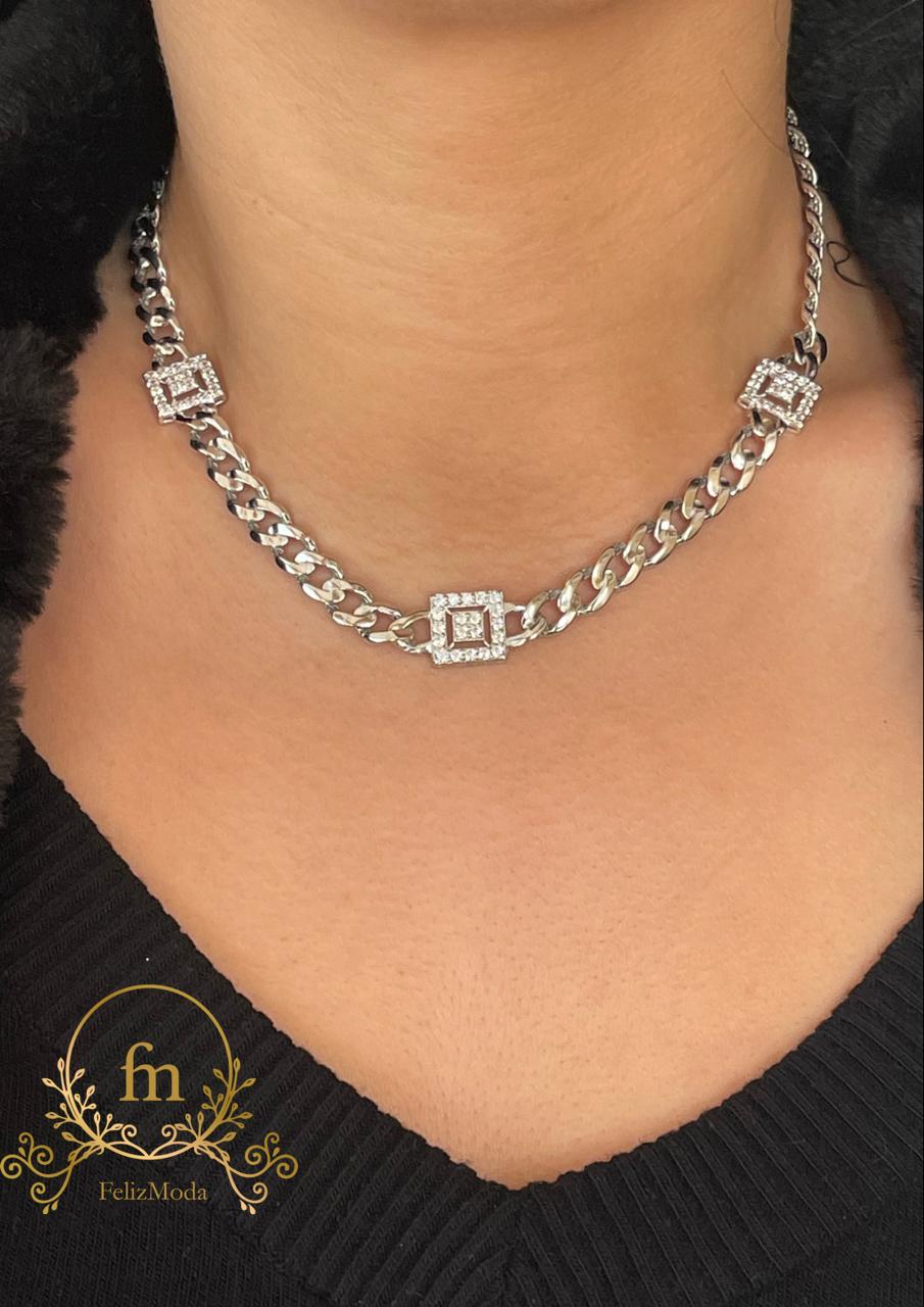 Three squares braided silver tennis necklace