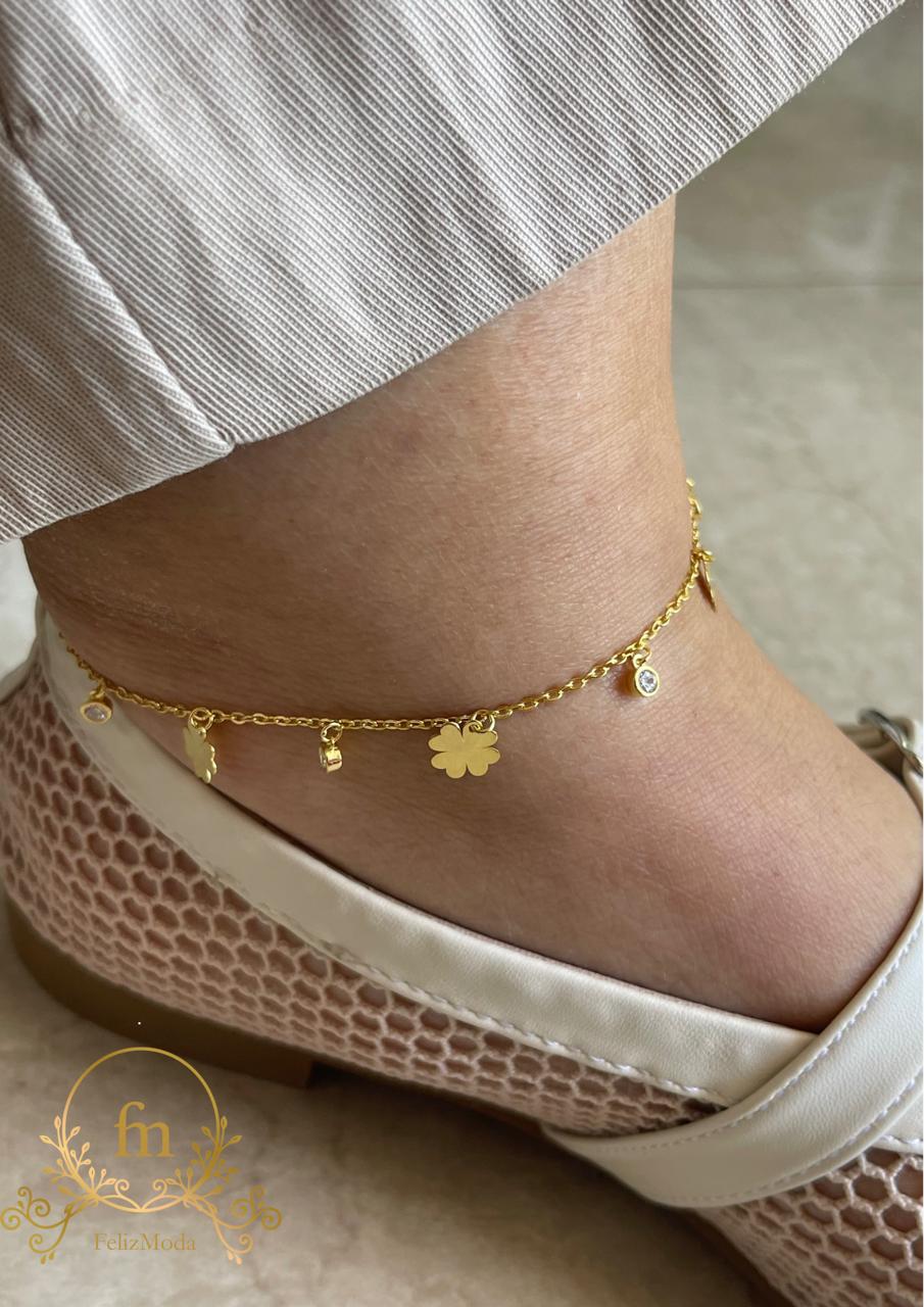 Multiple flowers and crystals silver anklet gold plated