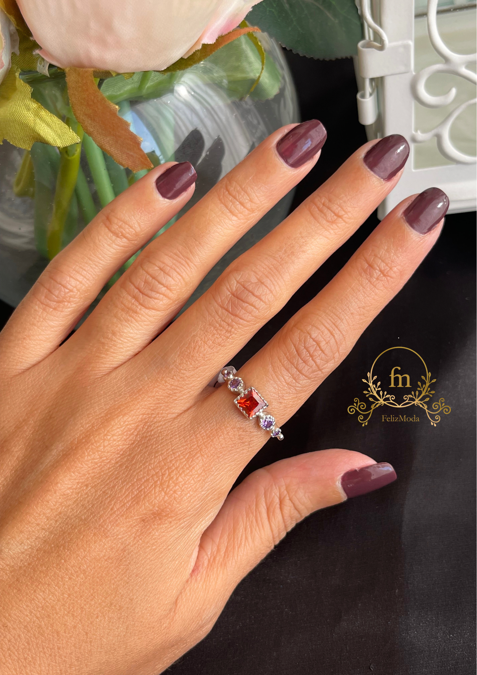 Red & purple stones silver ring