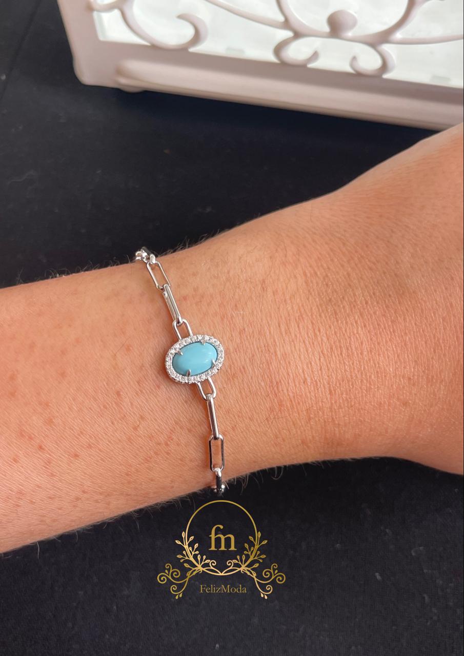 Connected chains oval Fayrouz stone silver bracelet