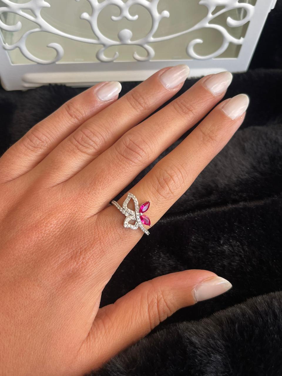 Butterfly silver ring with pink stones medium size