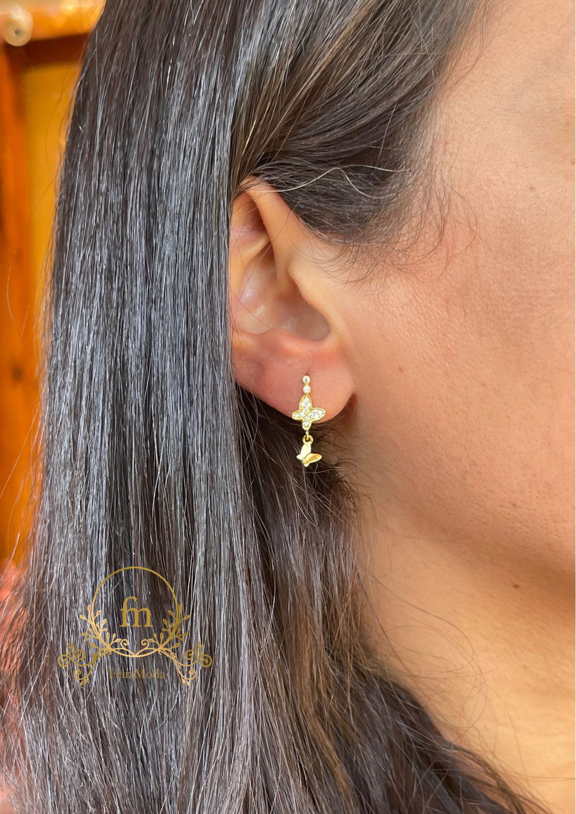 Dangling butterflies silver earrings gold plated with zircon stones