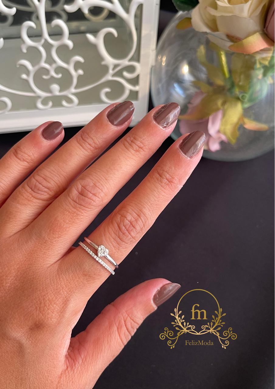 Double layered heart silver ring with zircon stones