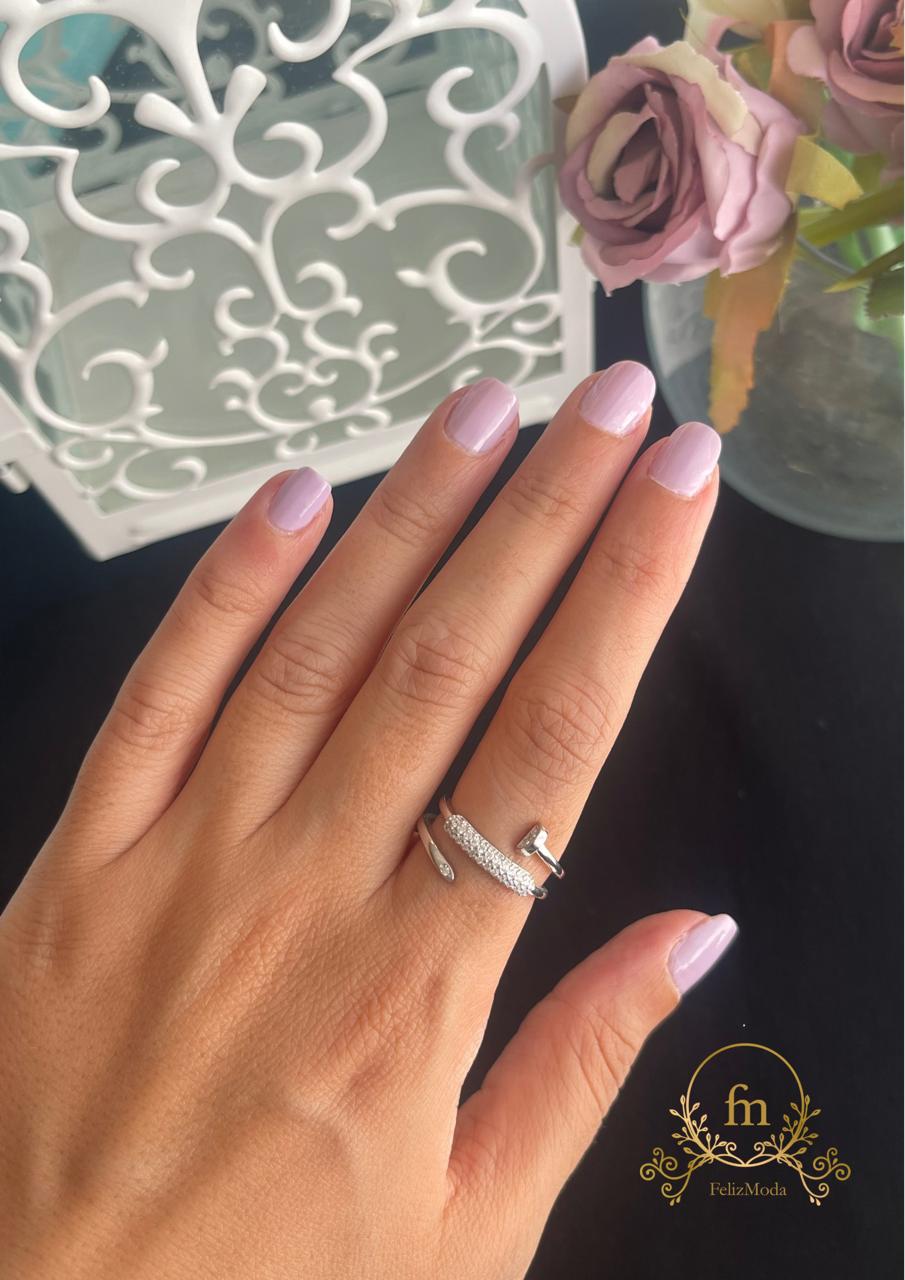 Trendy pin with zircon stones silver ring free size