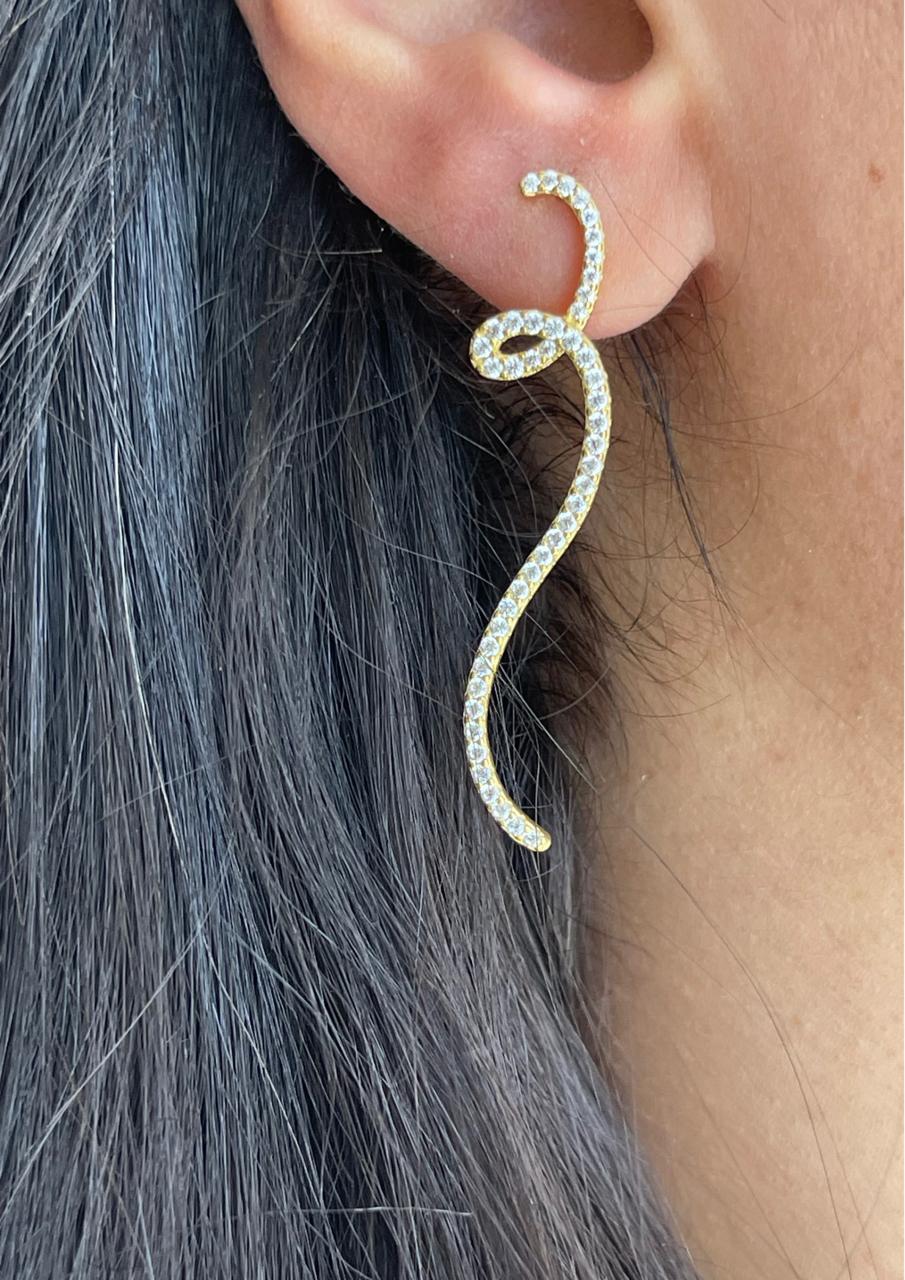 Zircon stones silver long earrings curved shape gold plated