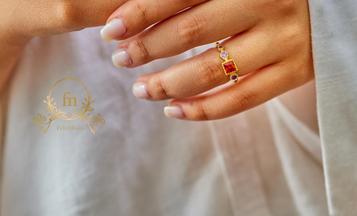 Silver ring with square red stone and purple round stones gold plated