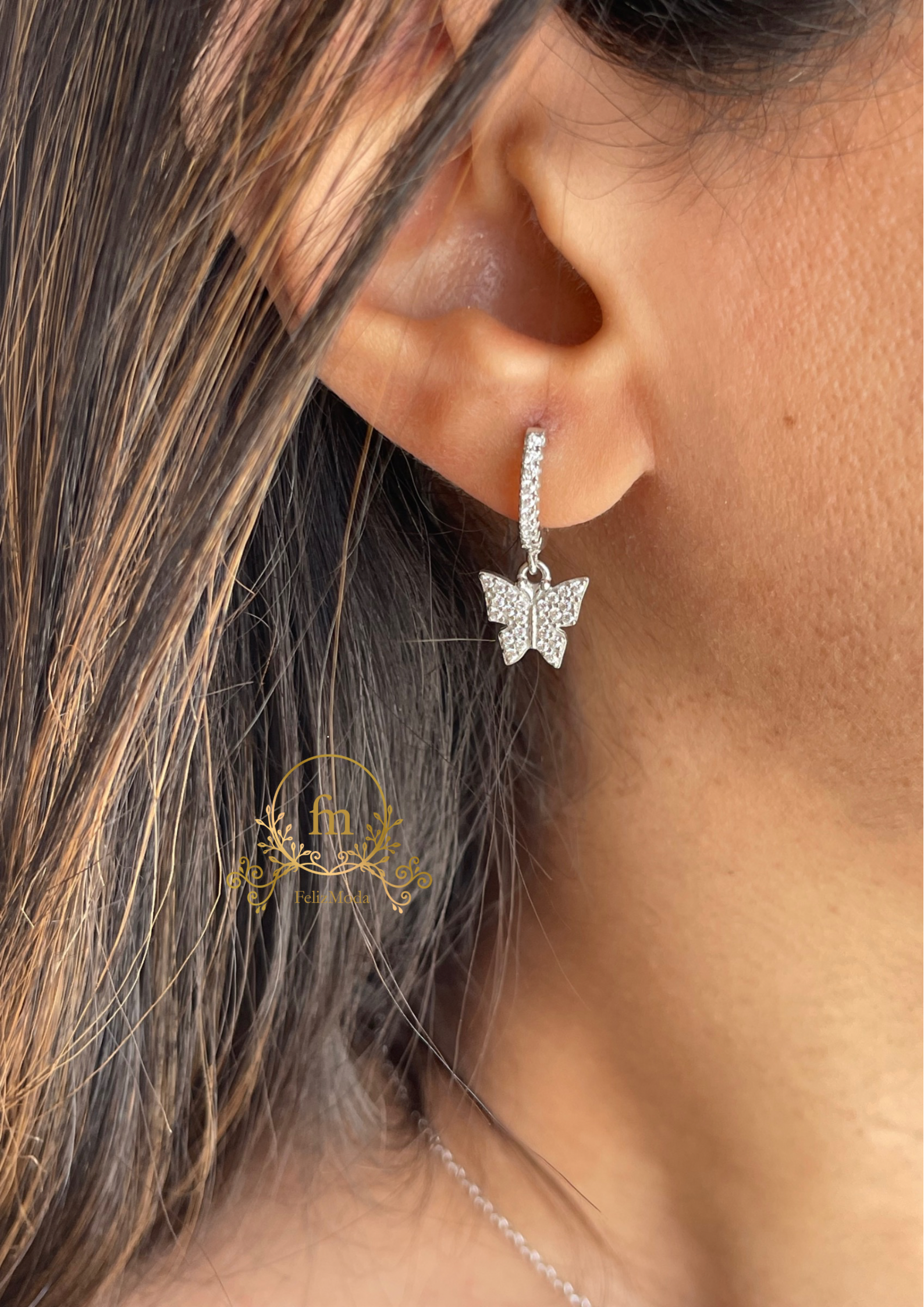 Butterfly pendant silver earrings