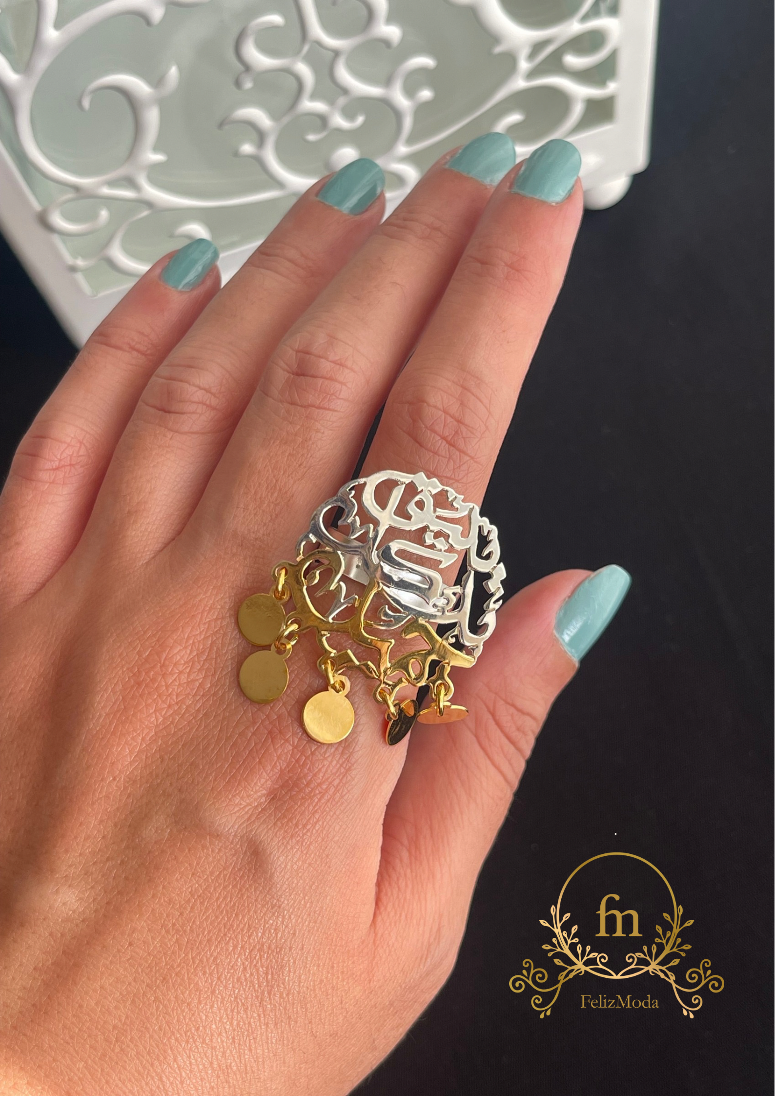 يليق بك كل جميل Silver ring gold plated free size adjustable