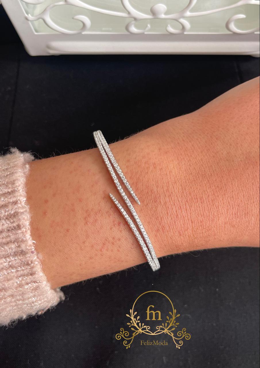 Three line zircon stones silver bangle adjustable size