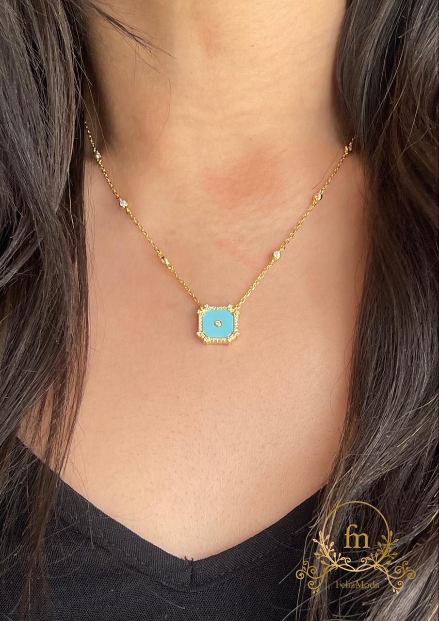 Fayrouz square with gold stones silver necklace gold plated