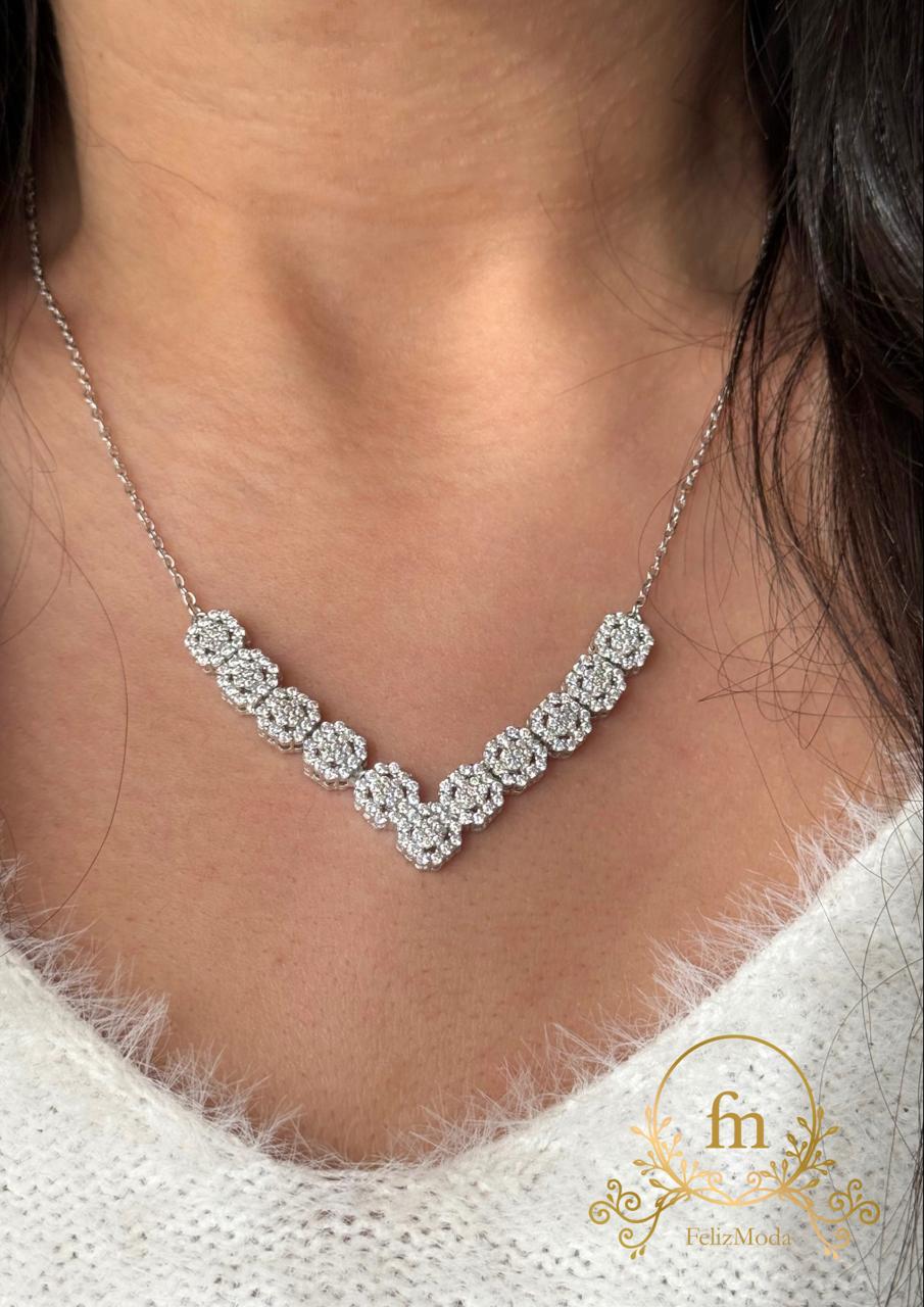 Square zircon stones V shape silver necklace