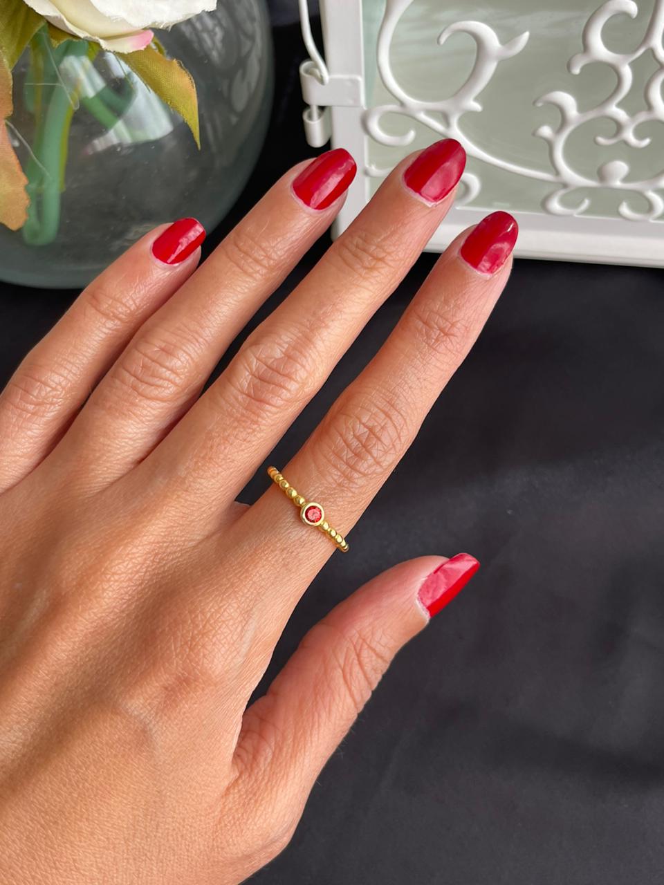 Red stone silver ring gold plated free size adjustable