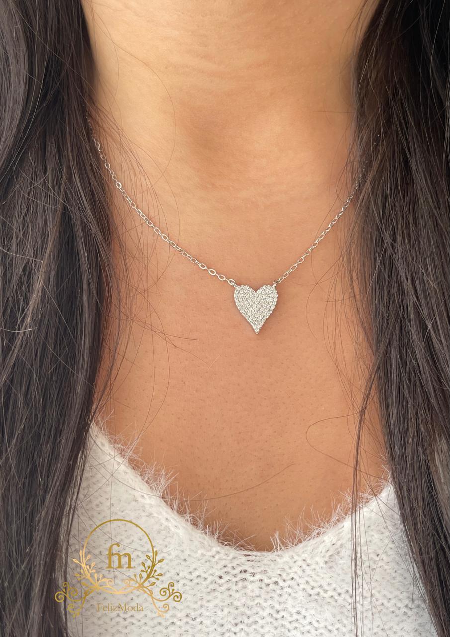 Heart silver necklace with multiple zircon stones
