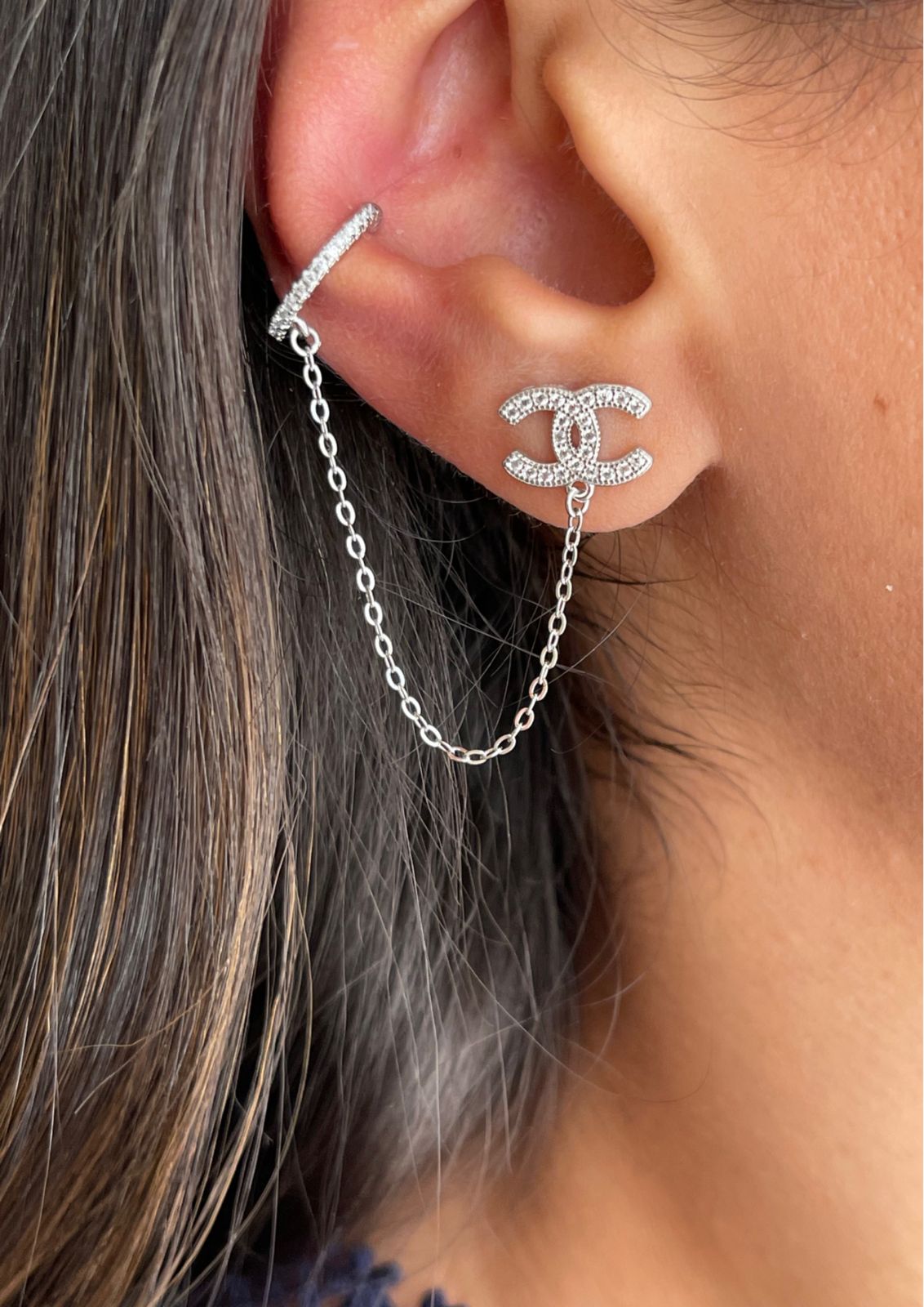 Two circles silver earring connected with ear cuff "by piece"