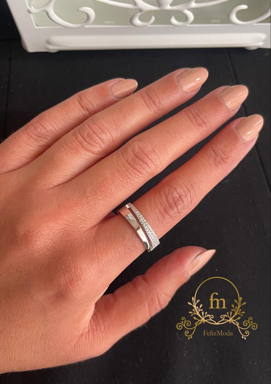 Two sides Plain and multiple zircon stones silver ring free size