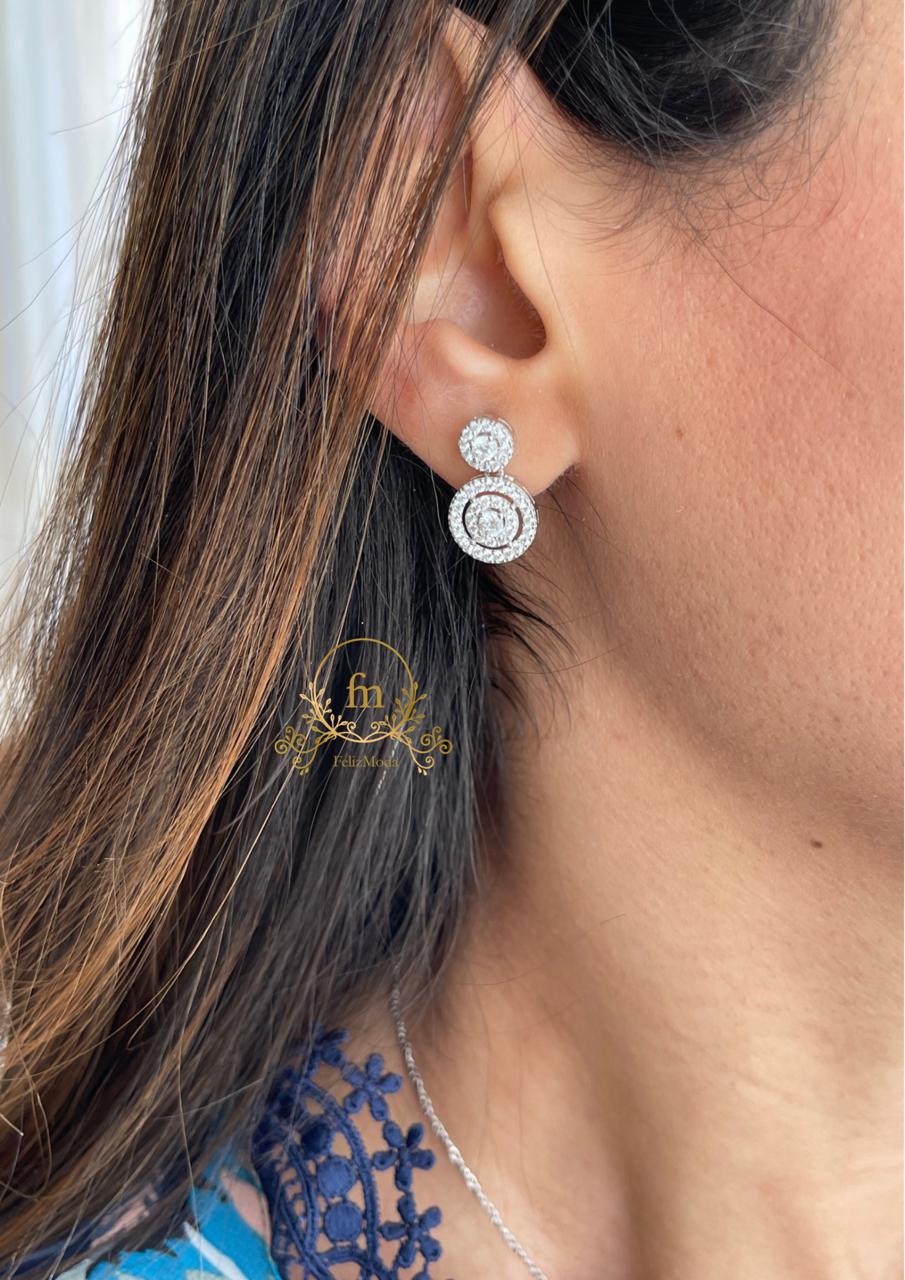 Two circles zircon stones silver earrings