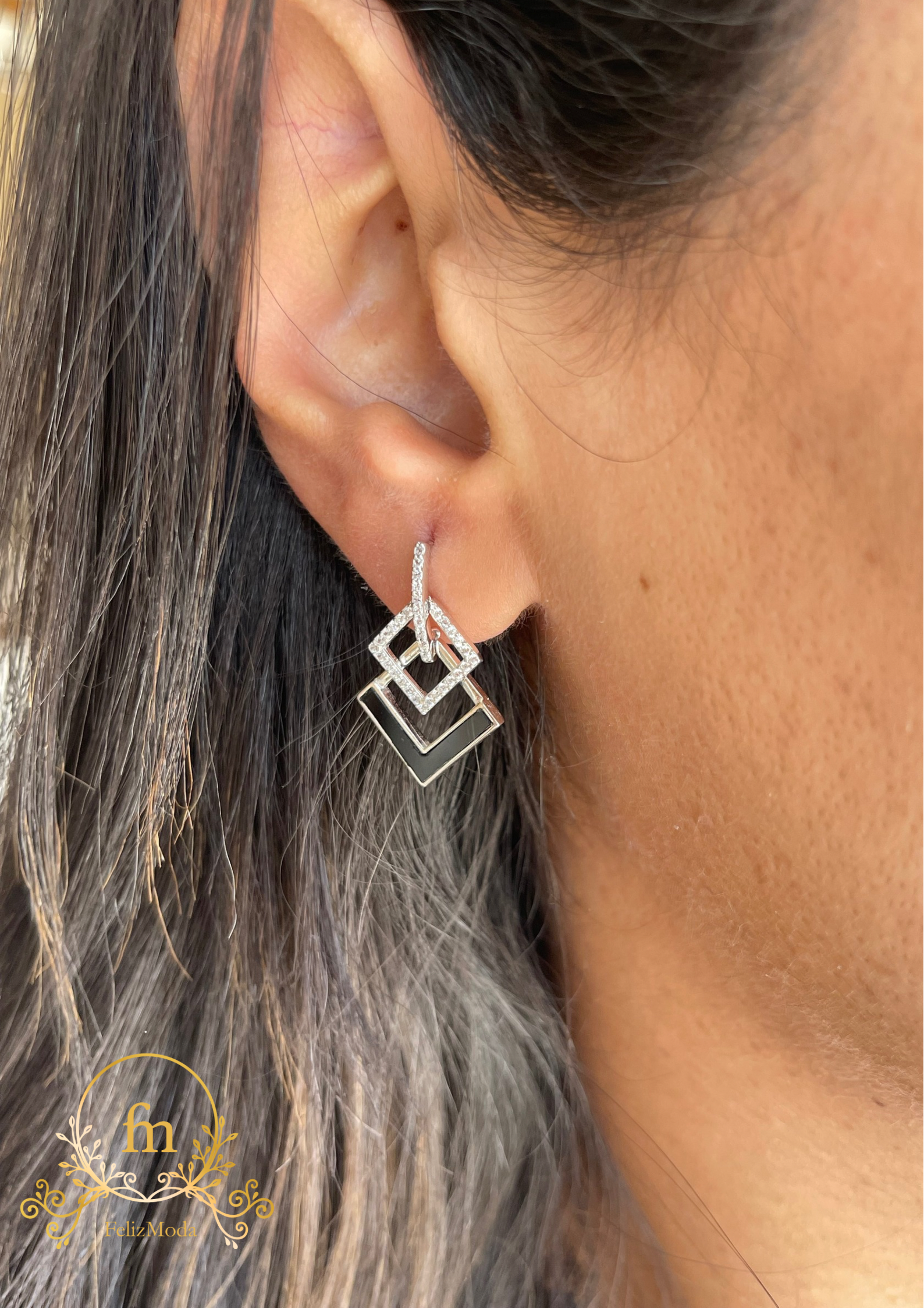 Black and silver square earrings