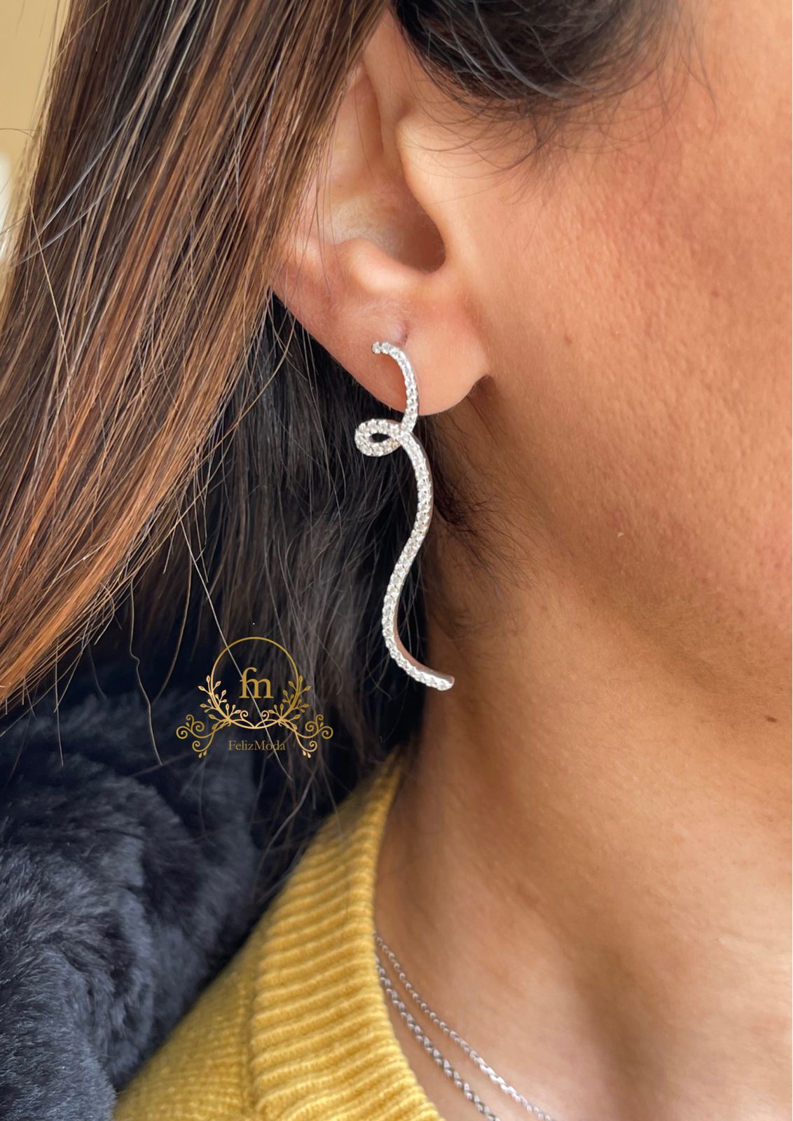 Zircon stones silver long earrings curved shape