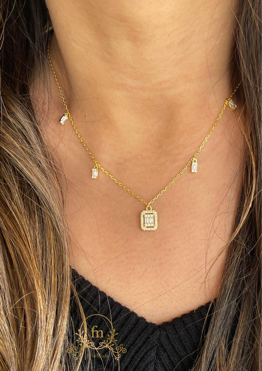 Square stone silver necklace gold plated with side stones