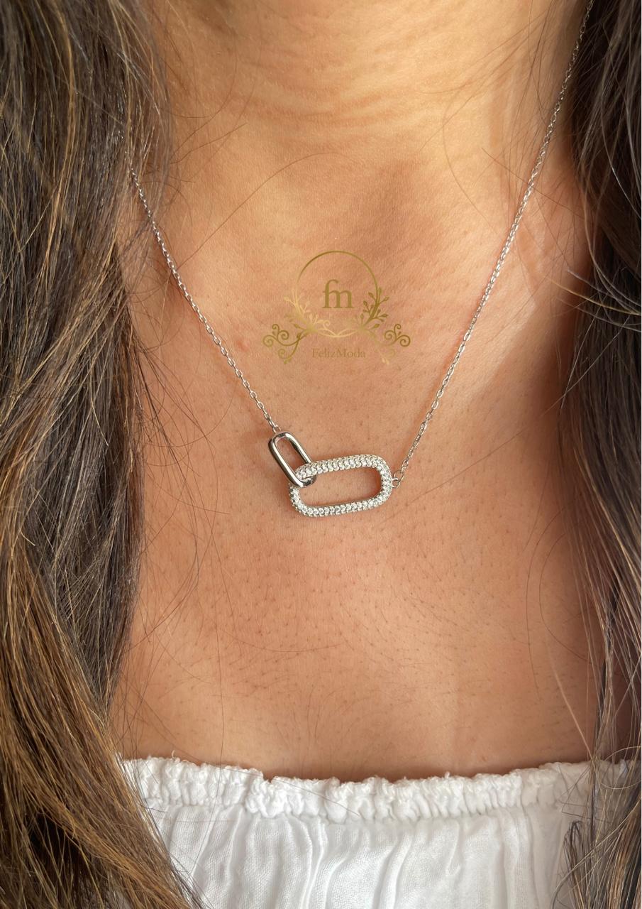 Two oval pendants silver necklace one plain one with stones