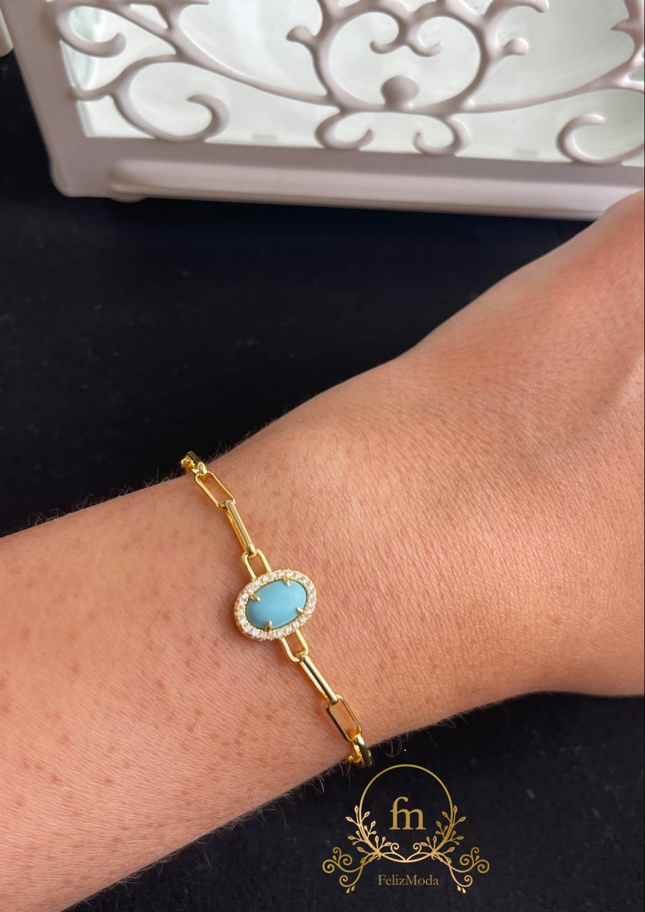 Connected chains oval Fayrouz stone silver bracelet gold plated