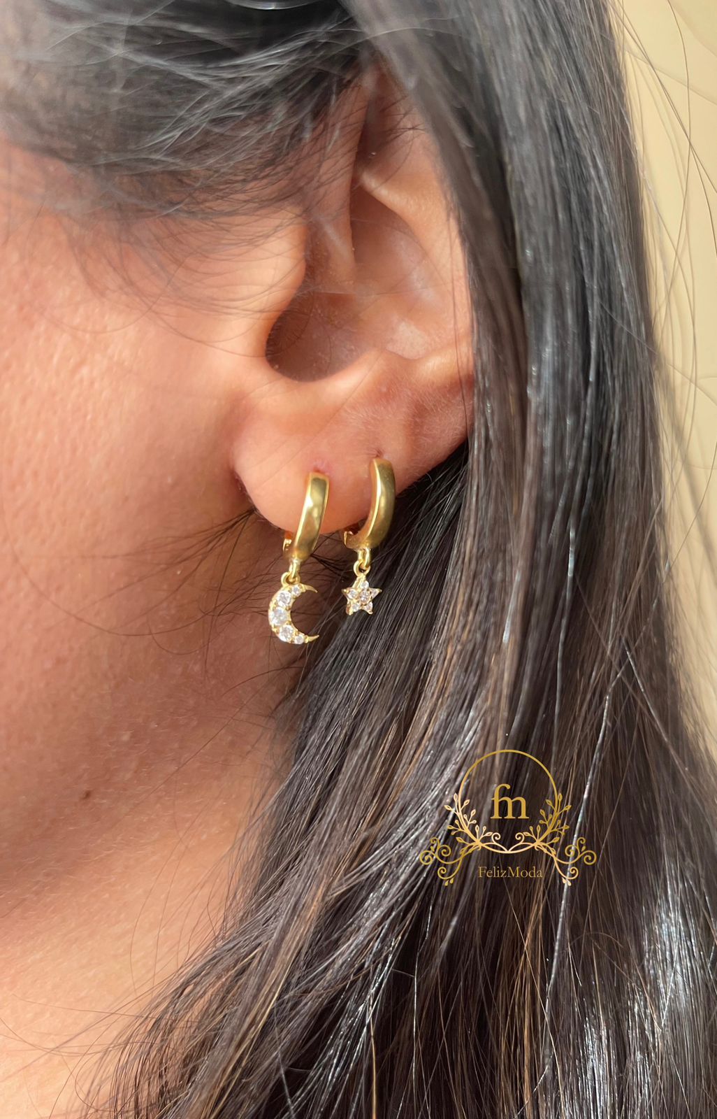Crescent and star silver earrings gold plated