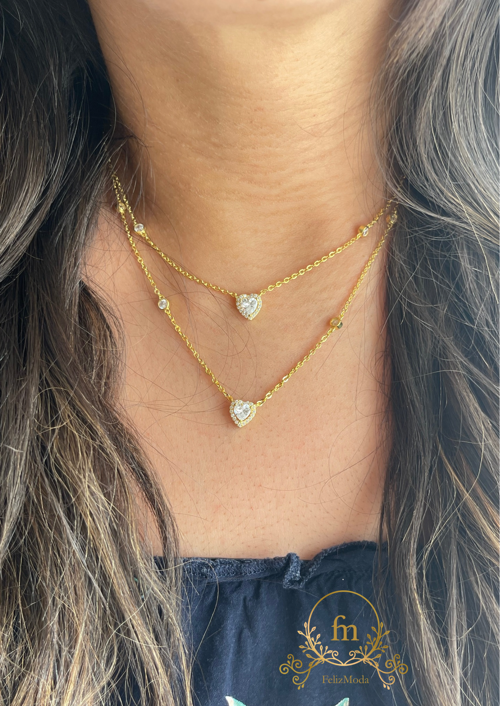 Hearts Double layered silver necklace gold plated