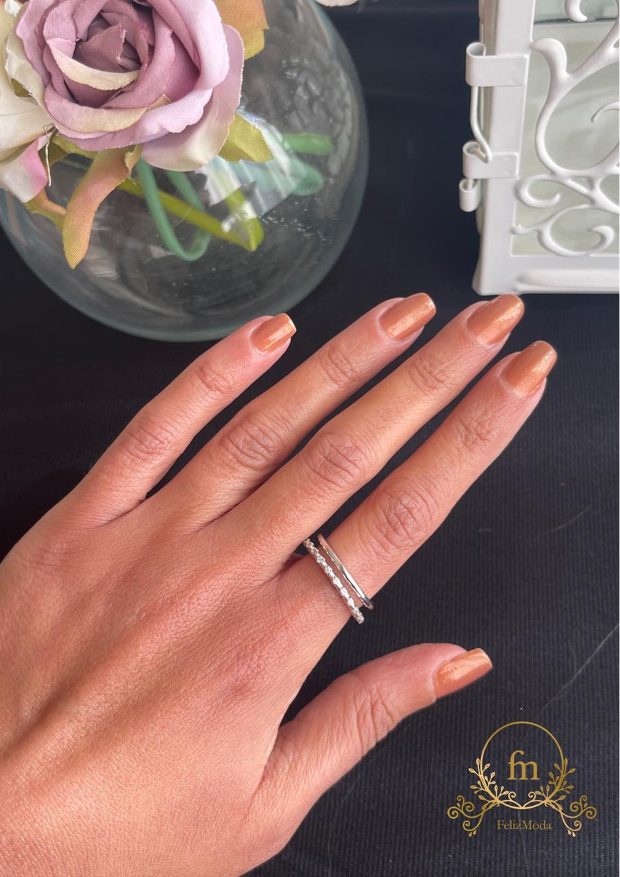 Two bands silver ring one plain one with zircon stones free size