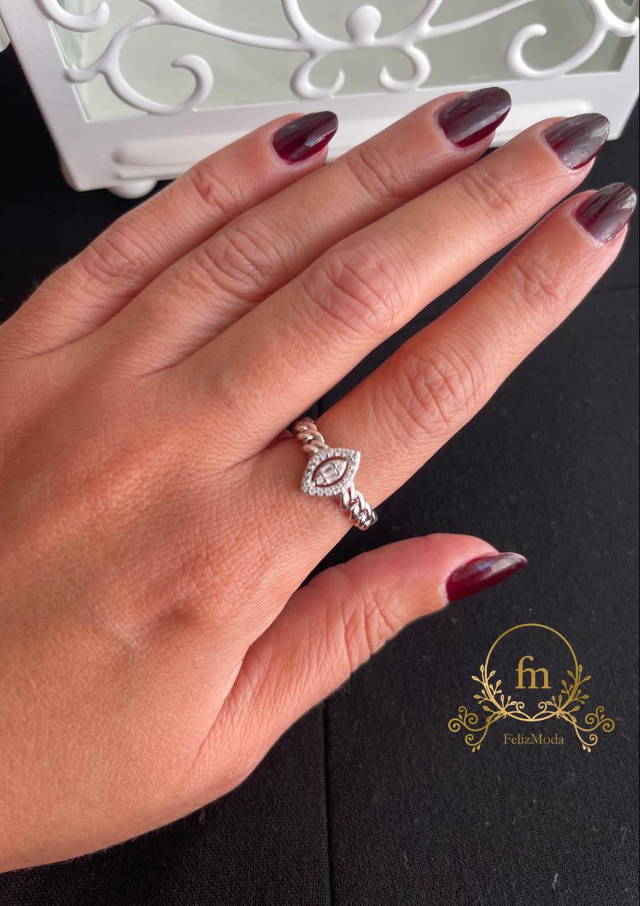 Oval zircon stones braided silver ring