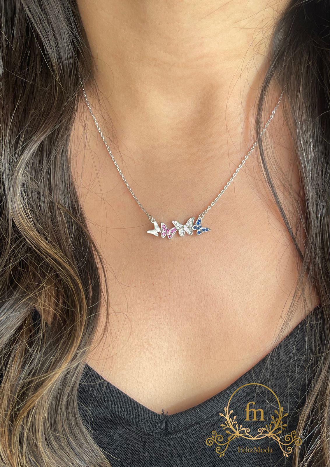 Colorful butterflies silver necklace