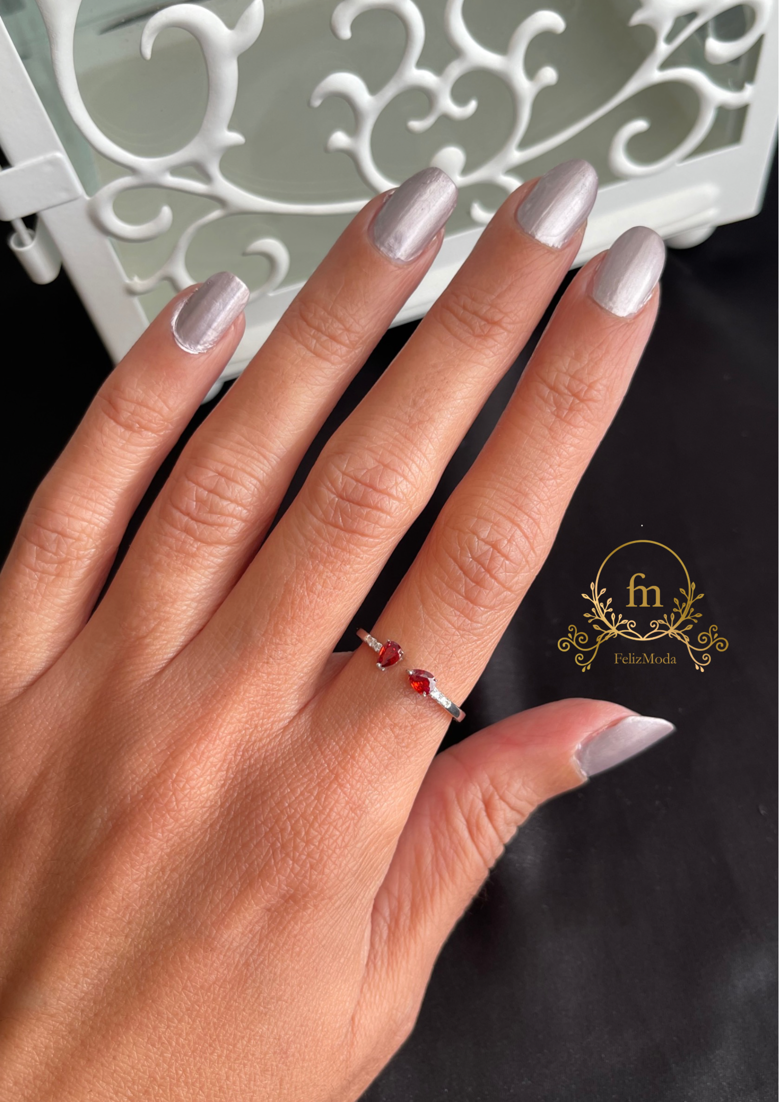 Two red stones silver ring free size