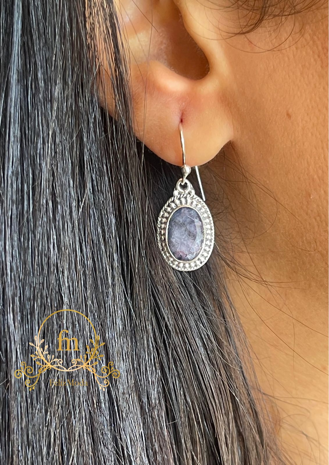 Oval gray stone silver earrings with frame