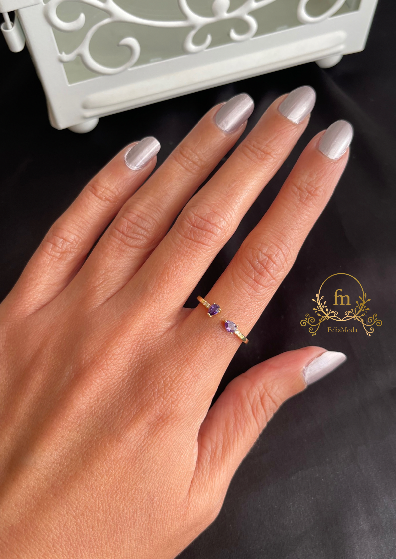 Two purple stones silver ring gold plated free size