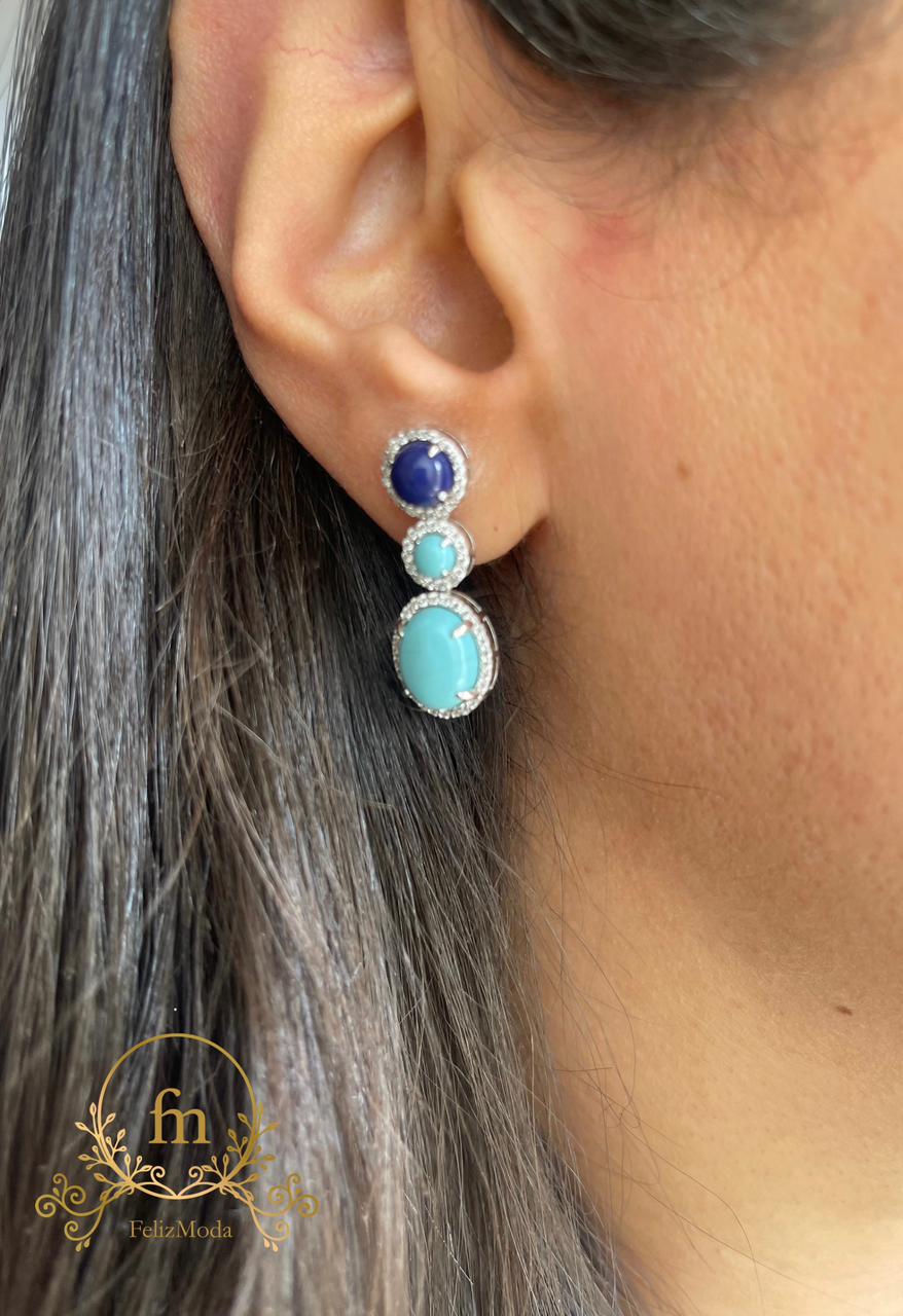 Three stones one blue and two turquoise silver earrings