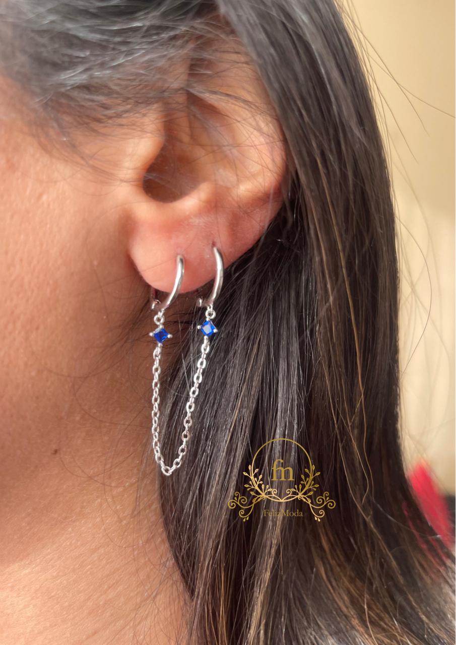 Two blue stones connected chain silver earrings " by piece"