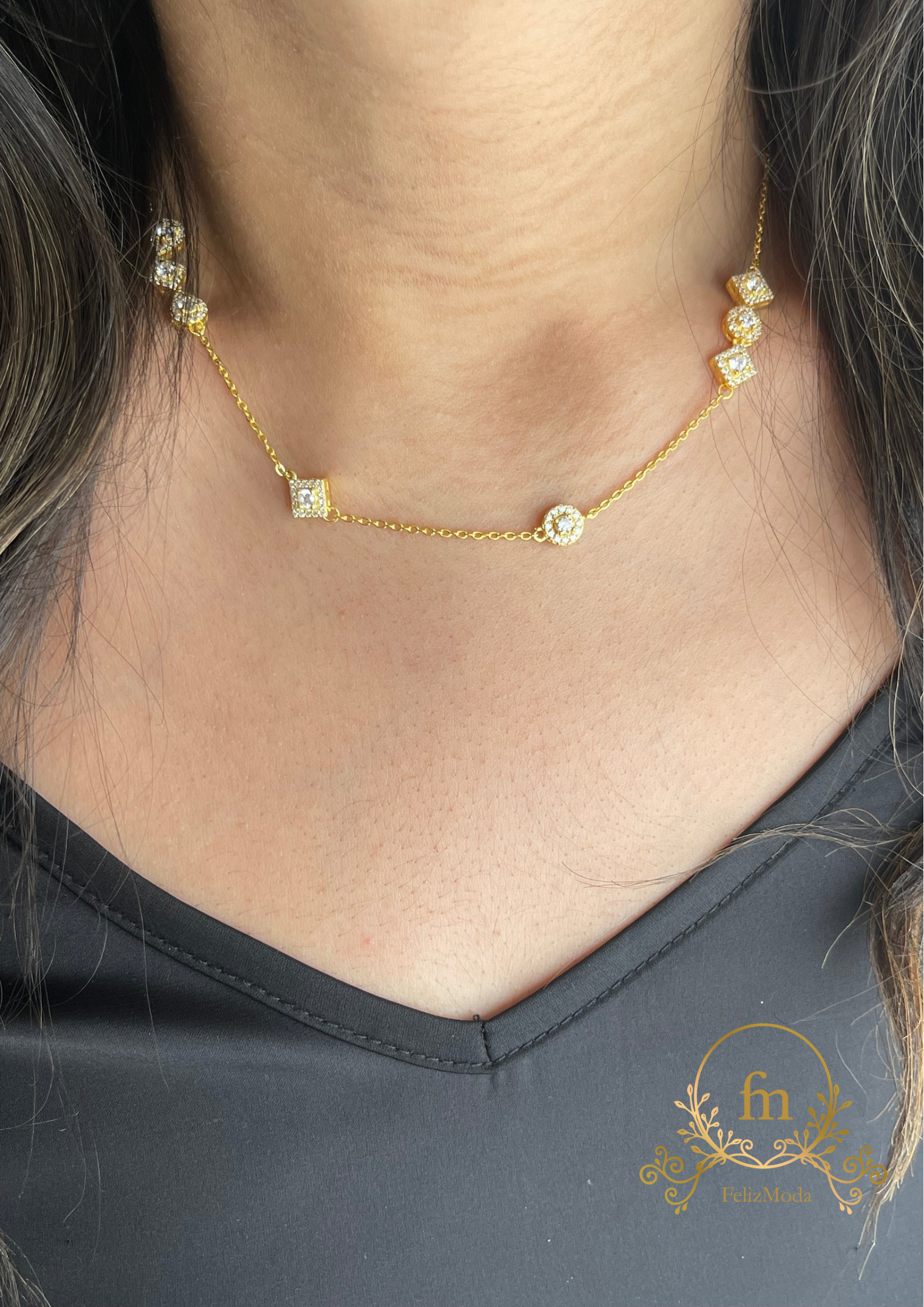 Multiple square and round shiny zircon stones silver necklace Gold plated