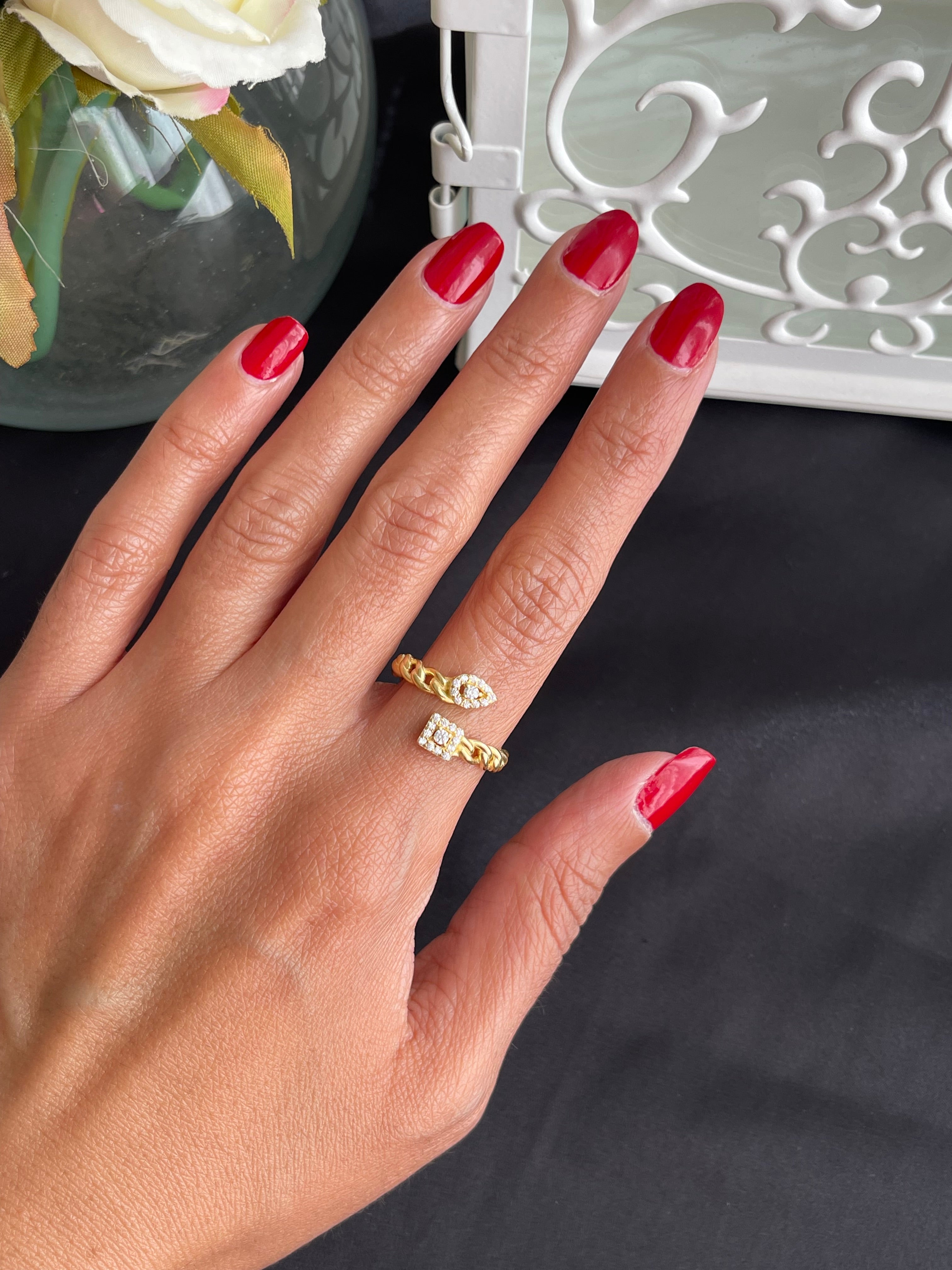 Square & oval stone silver ring gold plated free size